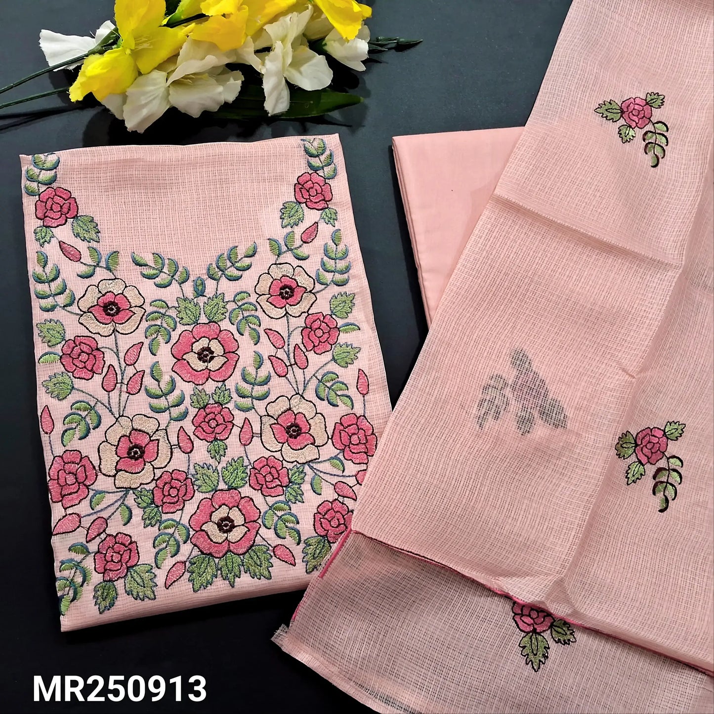 Peachish pink fancy kota silk cotton salwar material mr250913-Neidhal