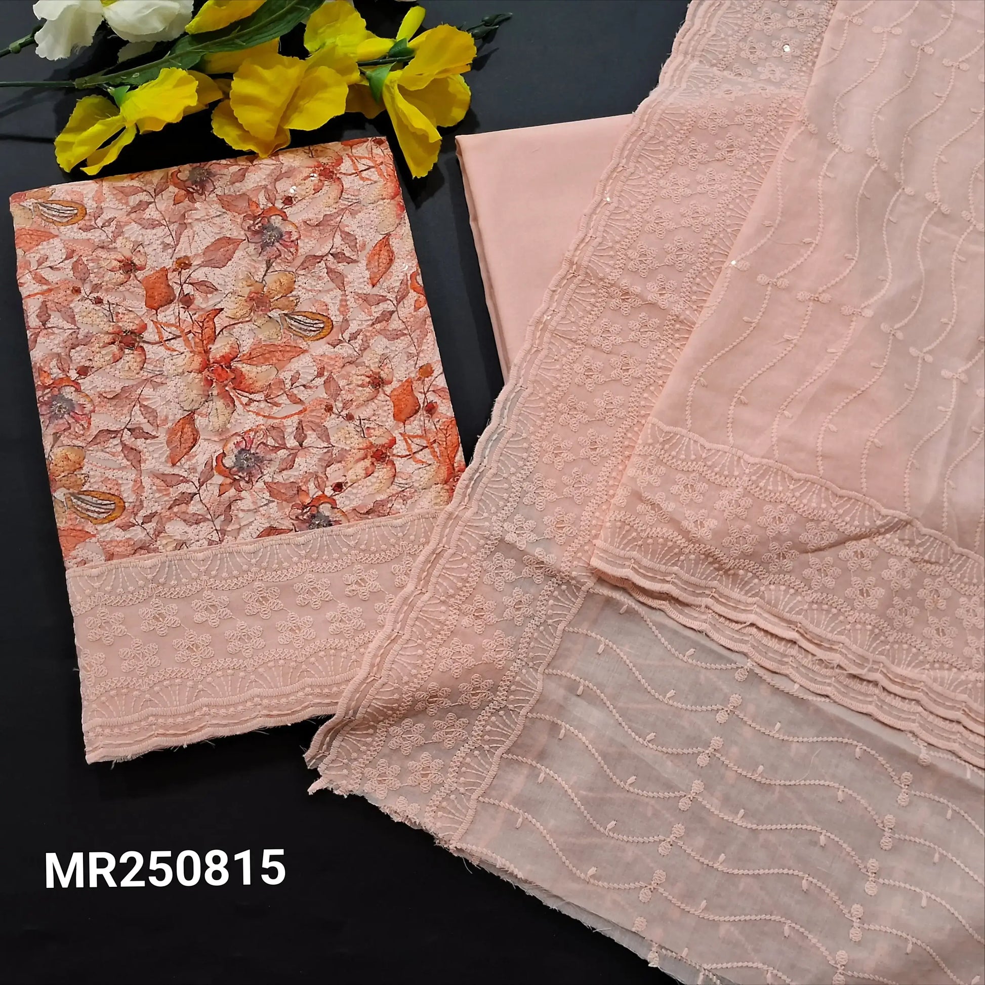 peachish pink floral printed chikankari embroidered cotton salwar material mr250815-Neidhal