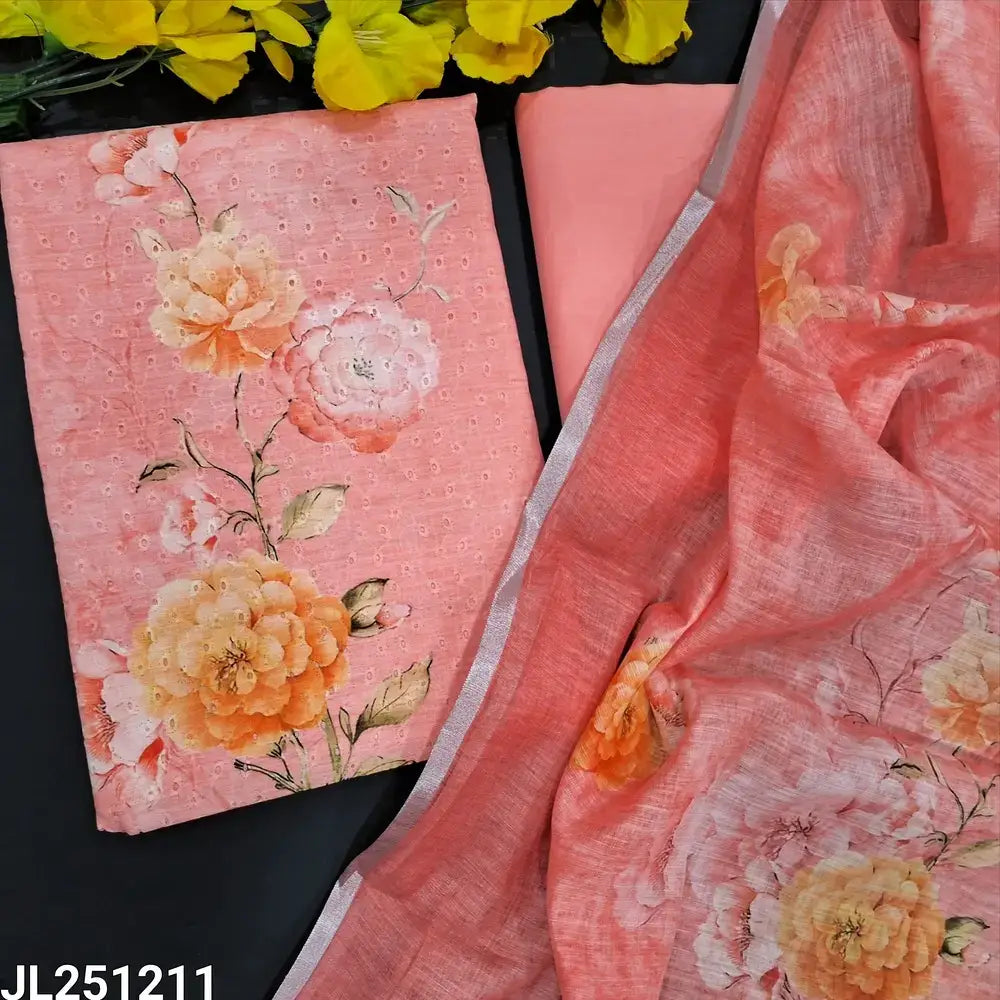 Peachish pink floral printed cotton salwar material jl251211-Neidhal