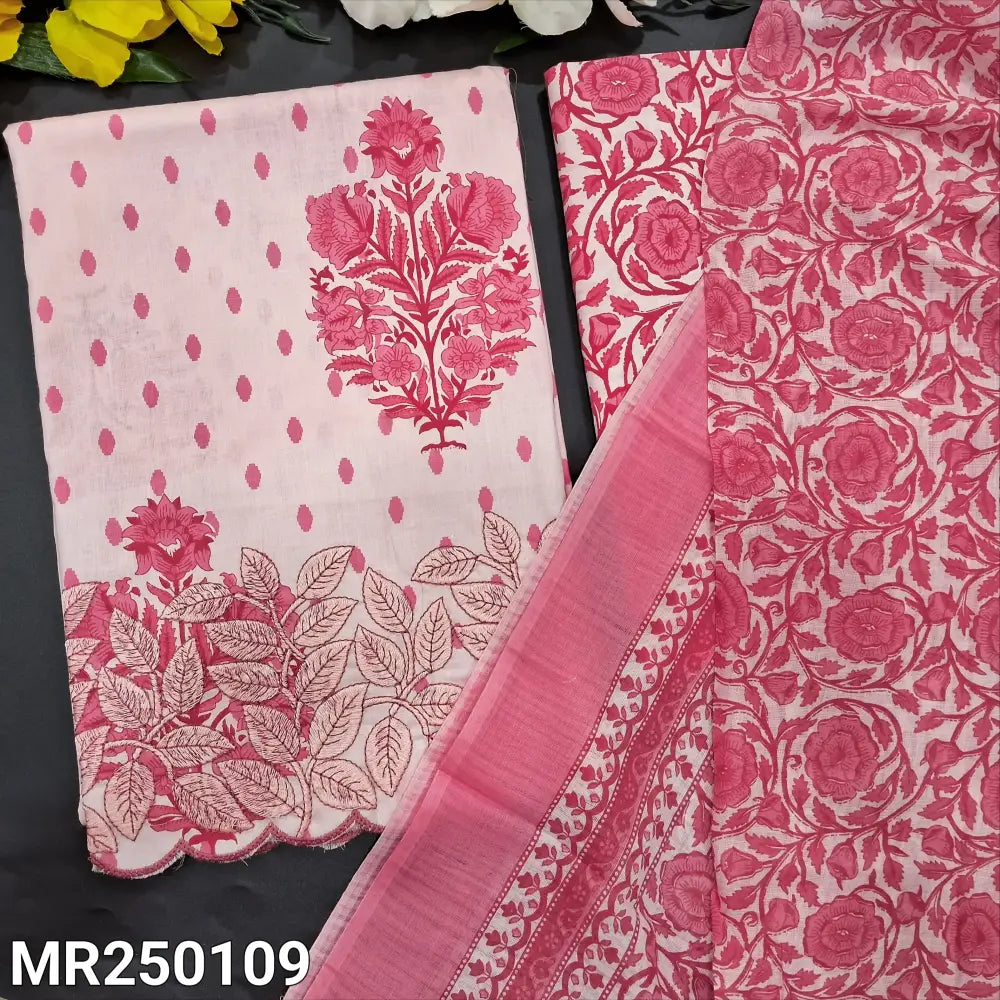 CODE MR250109: Light peachish pink printed soft cotton unstitched salwar material embroidered on daman(thin fabric