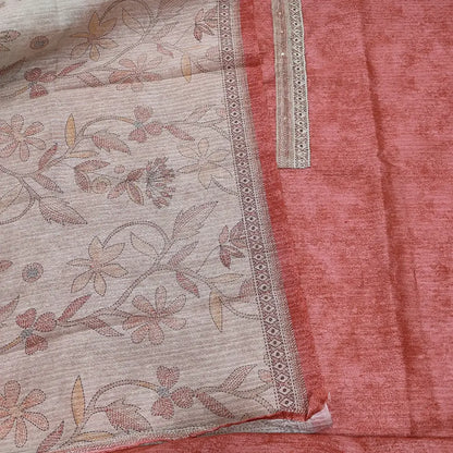 CODE MR250120: Dark peachish pink semi jute silk unstitched salwar material zardozi& sequins work on yoke(thin fabric