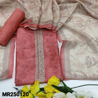 CODE MR250120: Dark peachish pink semi jute silk unstitched salwar material zardozi& sequins work on yoke(thin fabric