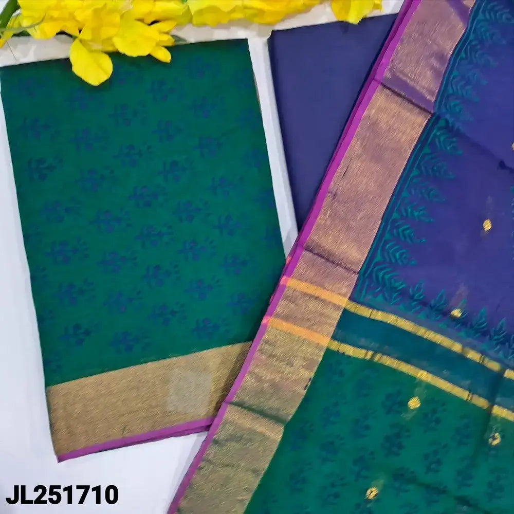 Peacock green block printed fancy silk cotton salwar material jl251710-Neidhal