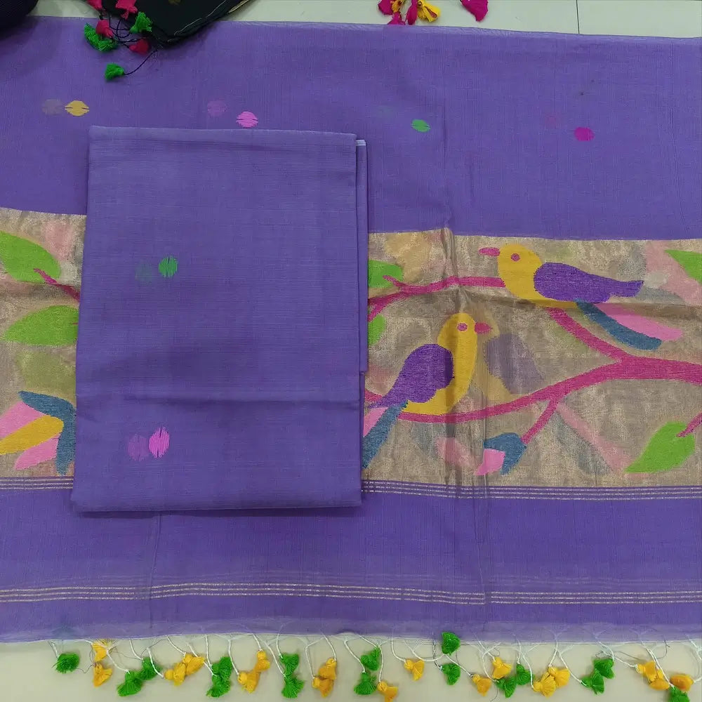 PREORDER: SHIPPING IN 1 WEEK Lavender muslin jamdani unstitched salwar material, hand woven design all over(thin, lining needed)hand woven muslin jamdani full length dupatta with rich paithani weaving pallu& hand made tassels. CODE SP250227