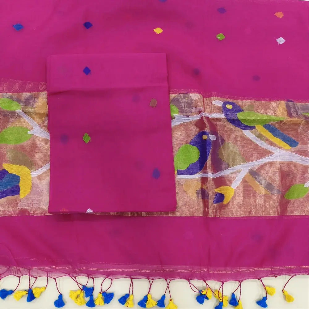 Bright pink muslin jamdani unstitched salwar material, hand woven design all over(thin, lining needed)hand woven muslin jamdani full length dupatta with rich paithani weaving pallu& hand made tassels. CODE SP250224