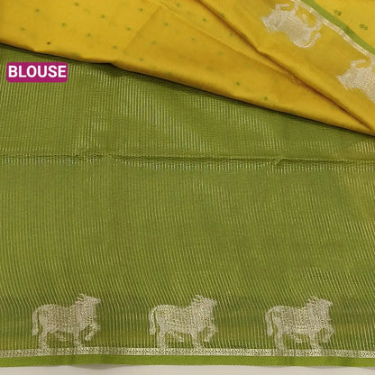 Mehandhi yellow with mossy green fancy silk cotton saree with thread woven buttas all over the body of the saree, double side borders with pichwai zari short pallu and zari striped blouse with cow motif weaving. CODE NS03