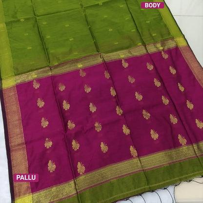 Mossy green with rani pink Traditional zari woven silk cotton saree,Contrast double side borders, thread woven pallu, thread woven running blouse with borders. NS25