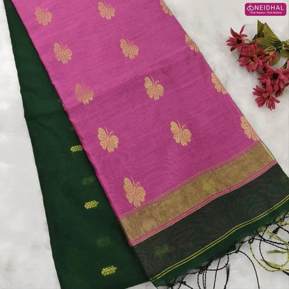 Bottle green with lotus pink Traditional zari woven silk cotton saree,Contrast double side borders, thread woven pallu, Thread woven running blouse with borders. NS20