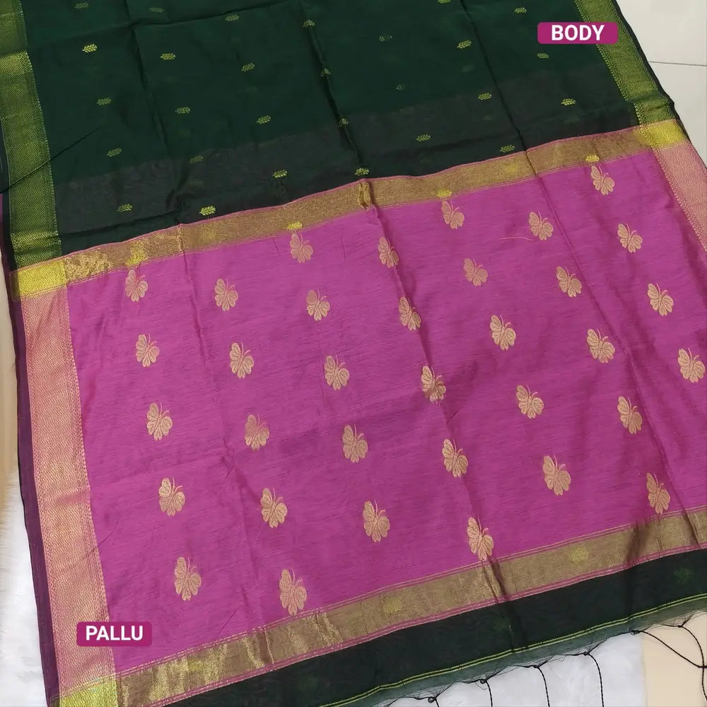 Bottle green with lotus pink Traditional zari woven silk cotton saree,Contrast double side borders, thread woven pallu, Thread woven running blouse with borders. NS20