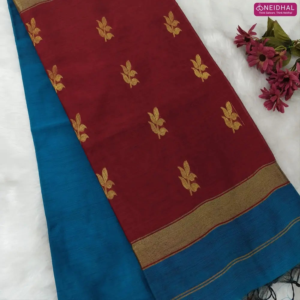 Turquoise blue with reddish maroon Traditional zari woven silk cotton saree,Contrast double side borders, thread woven pallu, plain running blouse with borders. NS19