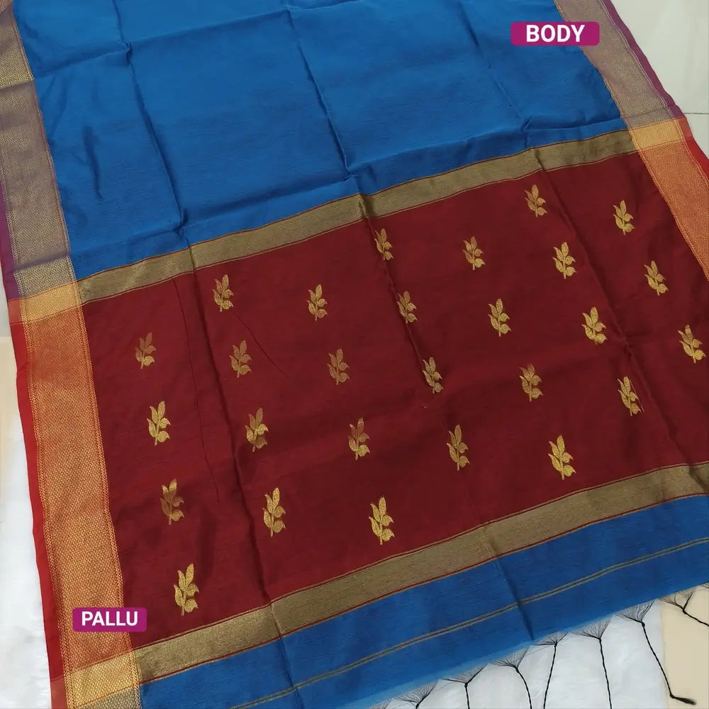 Turquoise blue with reddish maroon Traditional zari woven silk cotton saree,Contrast double side borders, thread woven pallu, plain running blouse with borders. NS19