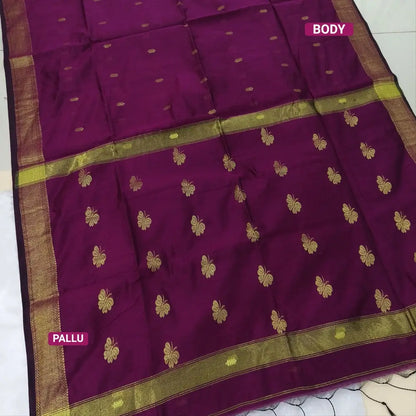 Dark beetroot purple Traditional zari woven silk cotton saree, double side borders, thread woven pallu, Thread woven running blouse with borders. NS18