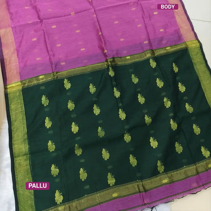 Lotus pink with bottle green Traditional zari woven silk cotton saree, double side borders, contrast thread woven pallu, thread woven running blouse with borders. NS17