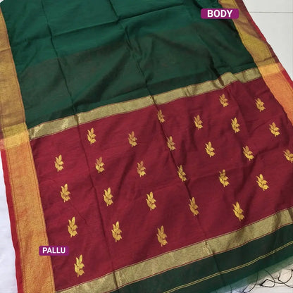 Bottle green with reddish maroon Traditional zari woven silk cotton saree, double side borders, contrast thread woven pallu, Plain running blouse with borders. NS16