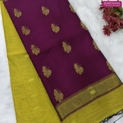 Mehandi yellow with dark beetroot purple Traditional zari woven silk cotton saree,Contrast double side borders, thread woven pallu, thread woven running blouse with borders. NS22