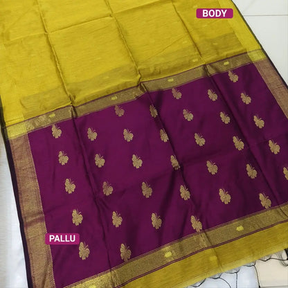 Mehandi yellow with dark beetroot purple Traditional zari woven silk cotton saree,Contrast double side borders, thread woven pallu, thread woven running blouse with borders. NS22