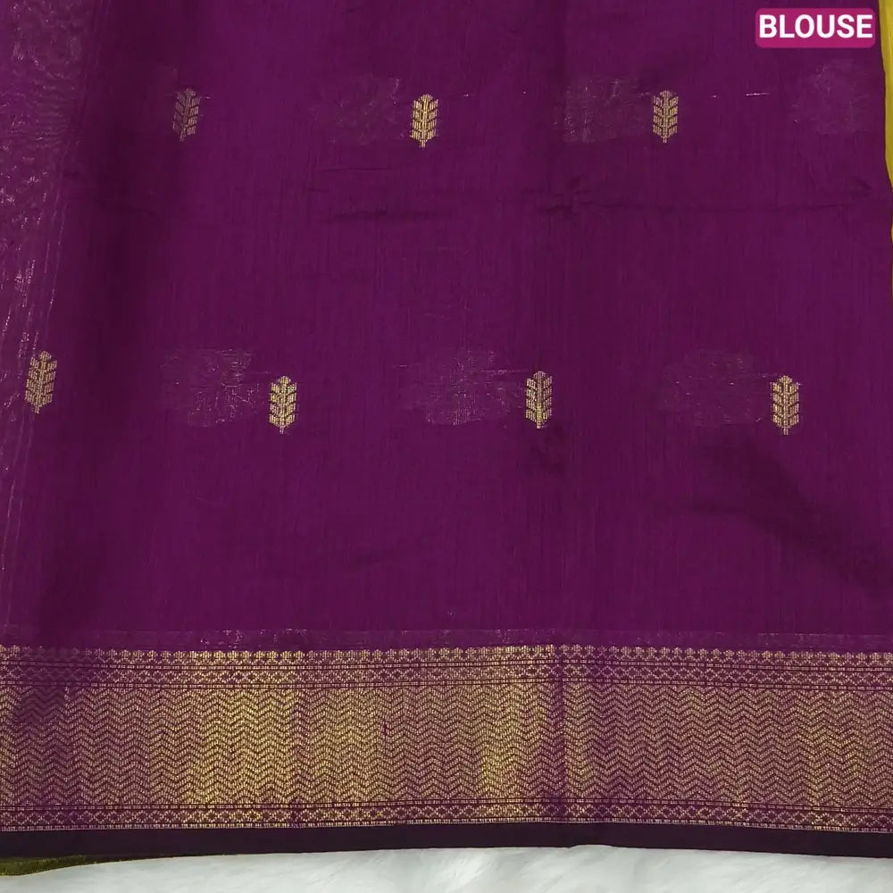 Mehandi yellow with dark beetroot purple Traditional zari woven silk cotton saree,Contrast double side borders, thread woven pallu, thread woven running blouse with borders. NS22