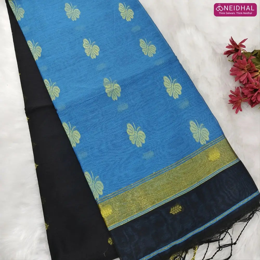 Black with blue Traditional zari woven silk cotton saree,Contrast double side borders, thread woven pallu, thread woven running blouse with borders. NS23