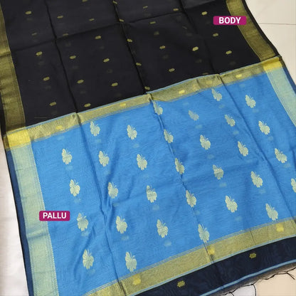 Black with blue Traditional zari woven silk cotton saree,Contrast double side borders, thread woven pallu, thread woven running blouse with borders. NS23