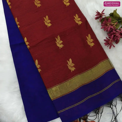 Royal blue with reddish maroon Traditional zari woven silk cotton saree,Contrast double side borders, thread woven pallu, Plain running blouse with borders. NS24