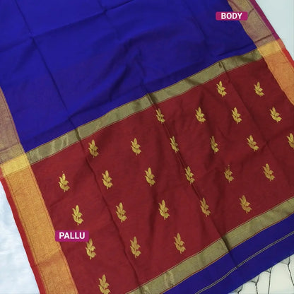Royal blue with reddish maroon Traditional zari woven silk cotton saree,Contrast double side borders, thread woven pallu, Plain running blouse with borders. NS24