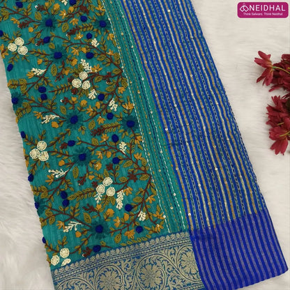 Designer Teal Green premium slub silk cotton saree, rich hand embroidery work on body and pallu, matching zari tissue striped blouse. NS15