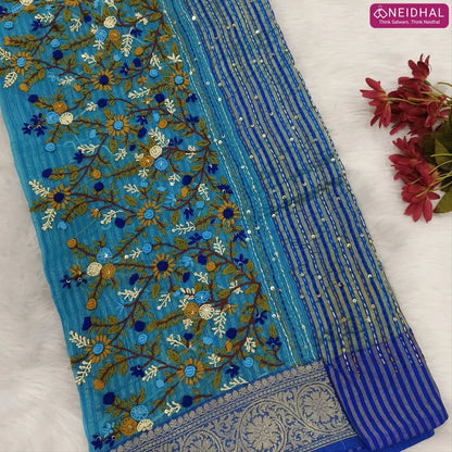 Designer turquoise Blue premium slub silk cotton saree, rich hand embroidery work on body and pallu, matching zari tissue striped blouse. NS09