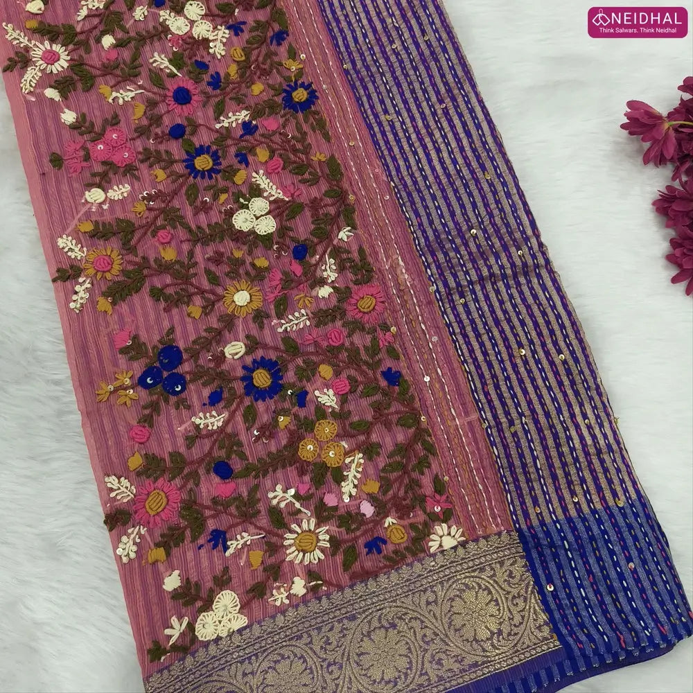 Designer Peachish pink premium slub silk cotton saree, rich hand embroidery work on body and pallu, matching zari tissue striped blouse. NS12