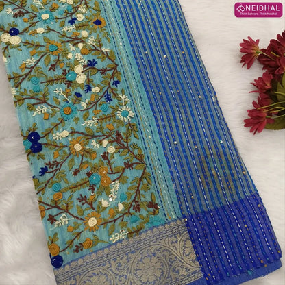 Designer Pastel blue premium slub silk cotton saree, rich hand embroidery work on body and pallu, matching zari tissue striped blouse. NS13