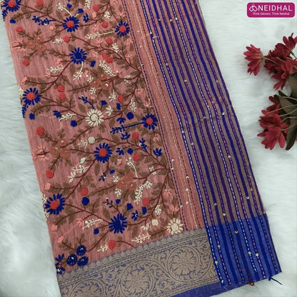 Designer peach premium slub silk cotton saree, rich hand embroidery work on body and pallu, matching zari tissue striped blouse. NS10