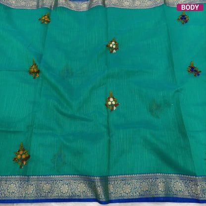 Designer Teal Green premium slub silk cotton saree, rich hand embroidery work on body and pallu, matching zari tissue striped blouse. NS15