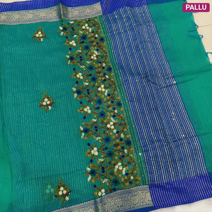 Designer Teal Green premium slub silk cotton saree, rich hand embroidery work on body and pallu, matching zari tissue striped blouse. NS15