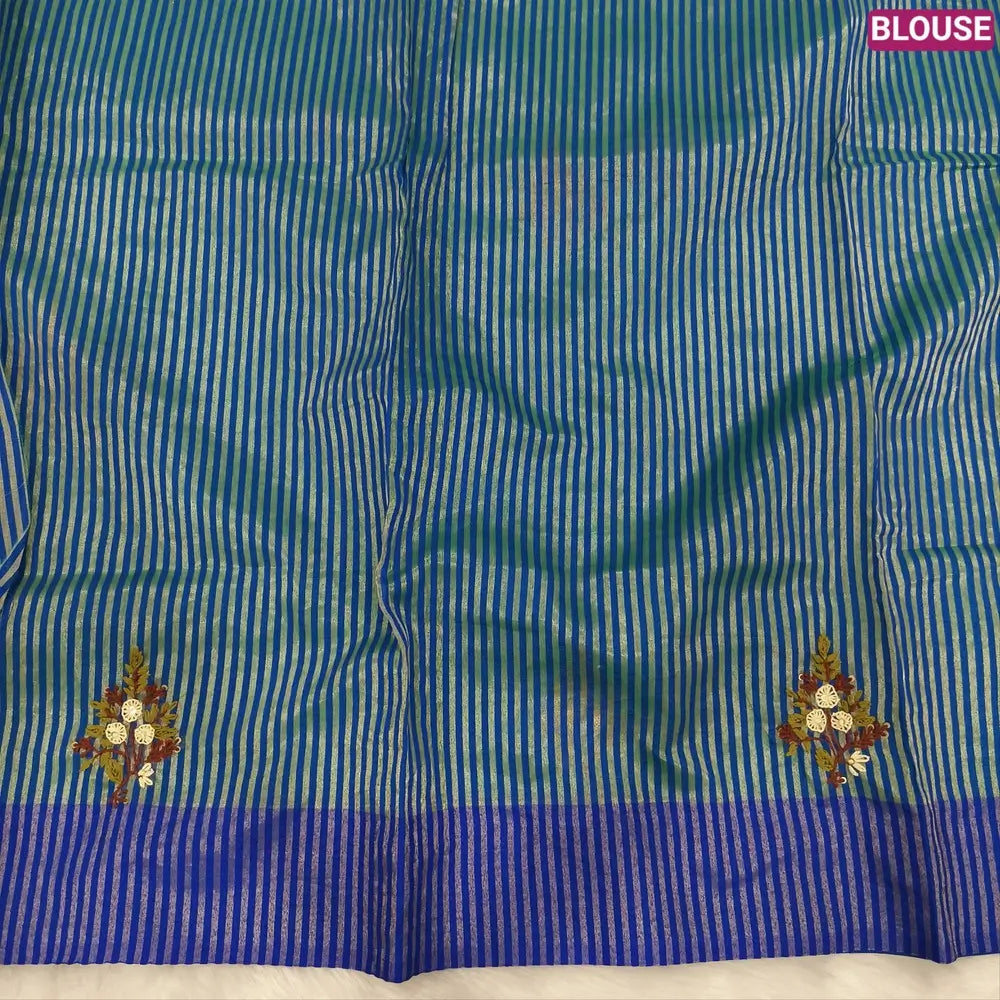 Designer Teal Green premium slub silk cotton saree, rich hand embroidery work on body and pallu, matching zari tissue striped blouse. NS15