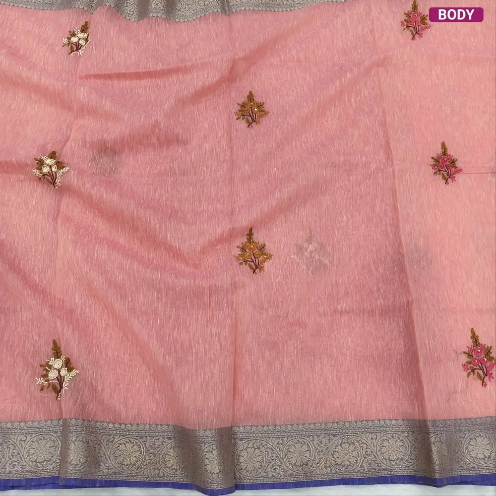 Designer peach premium slub silk cotton saree, rich hand embroidery work on body and pallu, matching zari tissue striped blouse. NS10