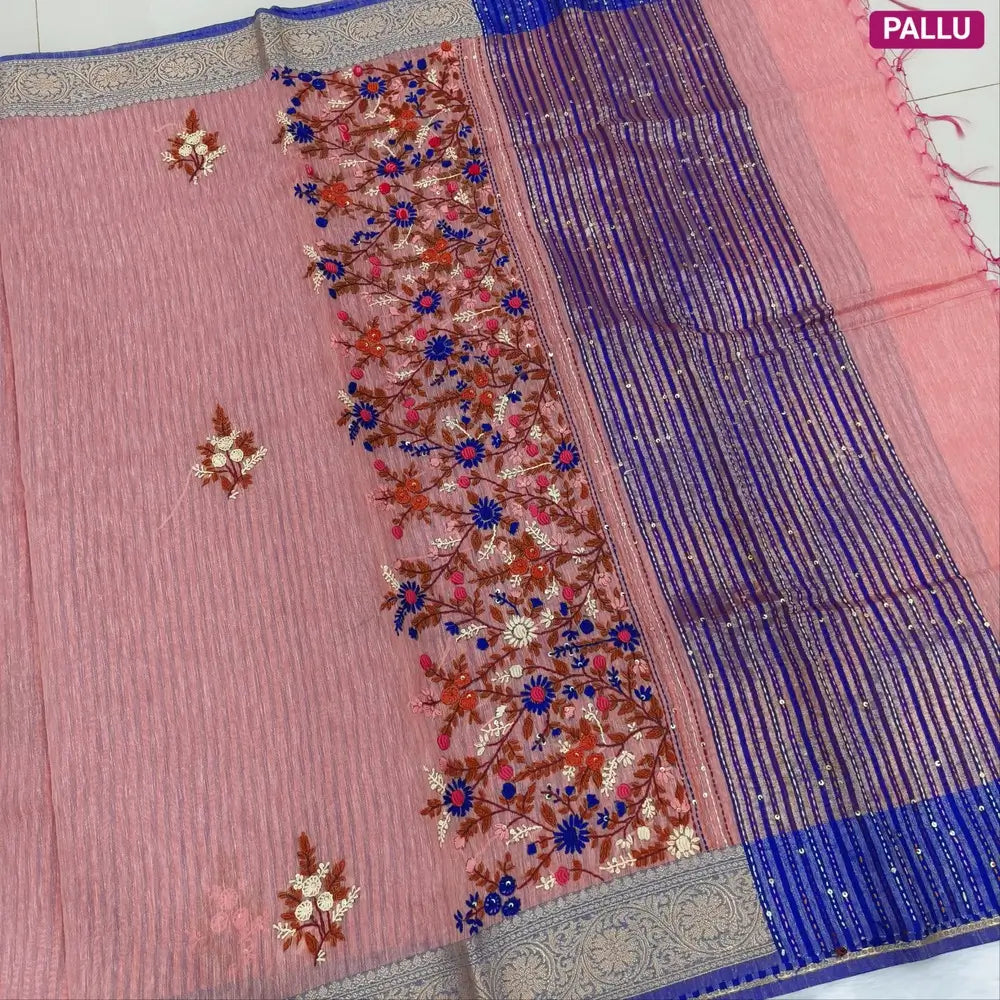 Designer peach premium slub silk cotton saree, rich hand embroidery work on body and pallu, matching zari tissue striped blouse. NS10