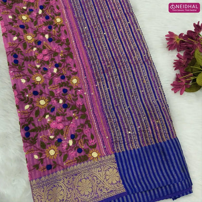 Designer Pink premium slub silk cotton saree, rich hand embroidery work on body and pallu, matching zari tissue striped blouse. NS14