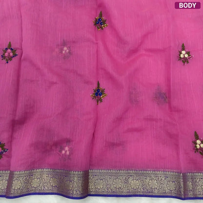 Designer Pink premium slub silk cotton saree, rich hand embroidery work on body and pallu, matching zari tissue striped blouse. NS14