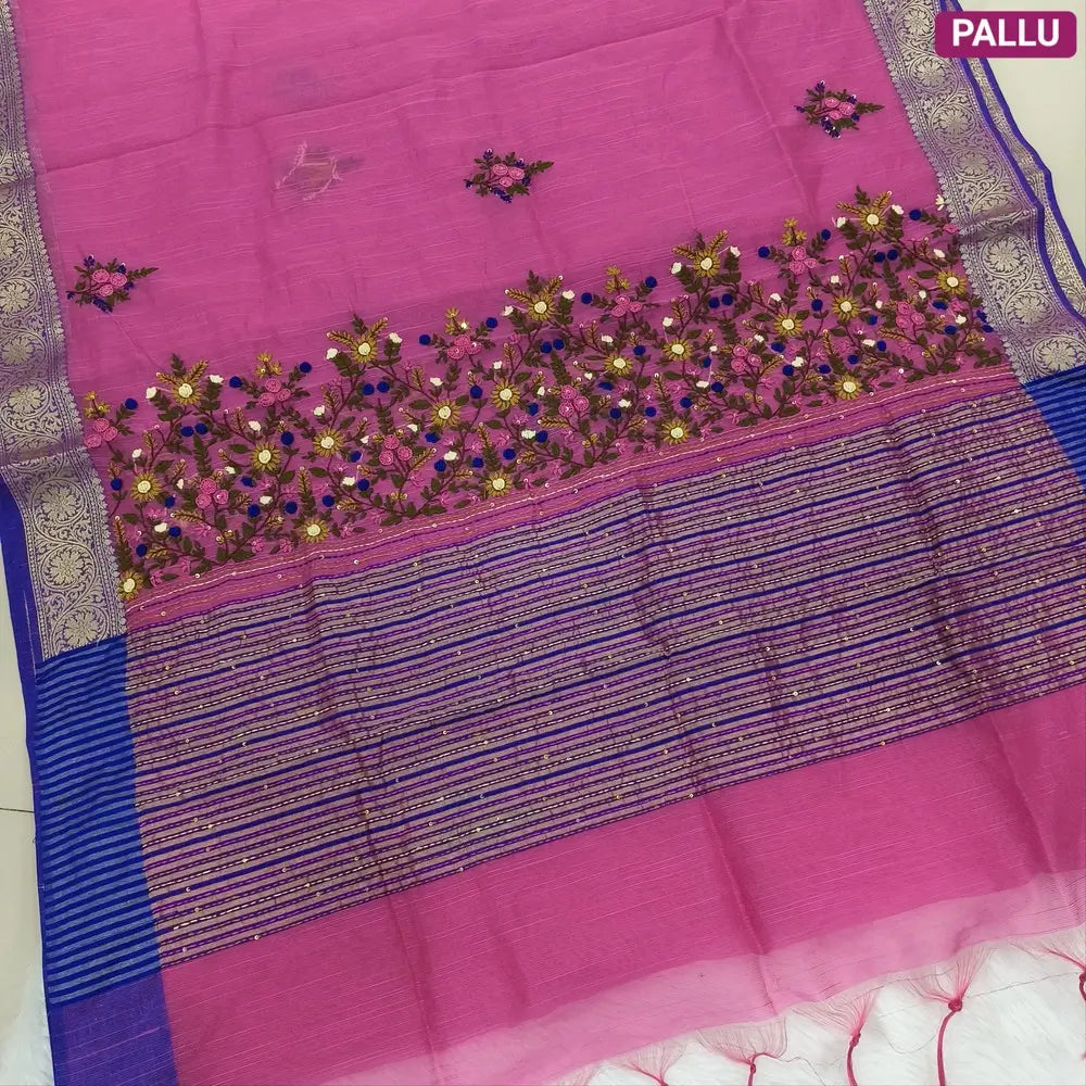 Designer Pink premium slub silk cotton saree, rich hand embroidery work on body and pallu, matching zari tissue striped blouse. NS14