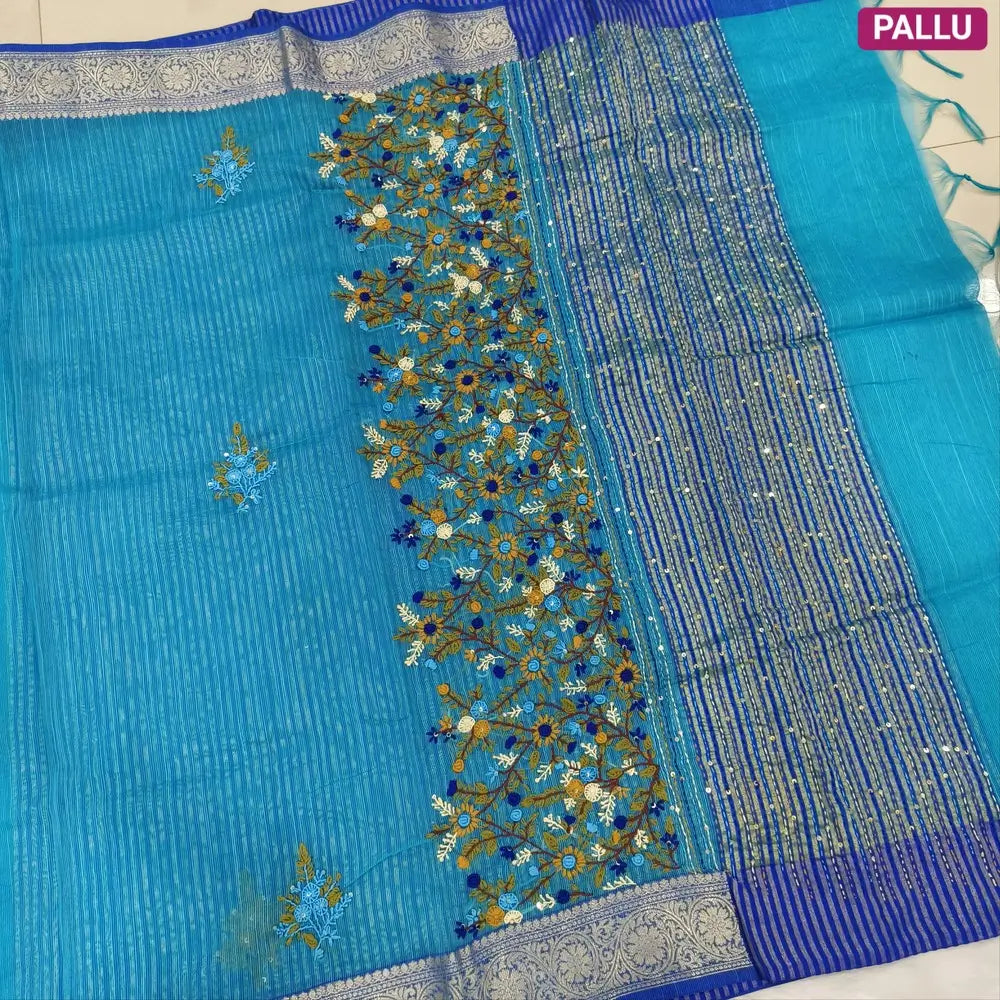 Designer turquoise Blue premium slub silk cotton saree, rich hand embroidery work on body and pallu, matching zari tissue striped blouse. NS09