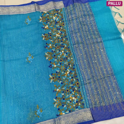 Designer turquoise Blue premium slub silk cotton saree, rich hand embroidery work on body and pallu, matching zari tissue striped blouse. NS09