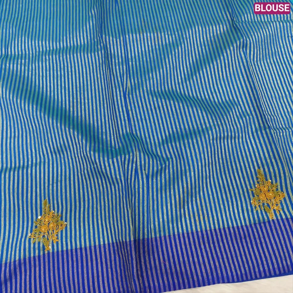 Designer turquoise Blue premium slub silk cotton saree, rich hand embroidery work on body and pallu, matching zari tissue striped blouse. NS09