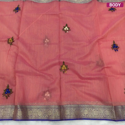 Designer Peachish pink premium slub silk cotton saree, rich hand embroidery work on body and pallu, matching zari tissue striped blouse. NS12