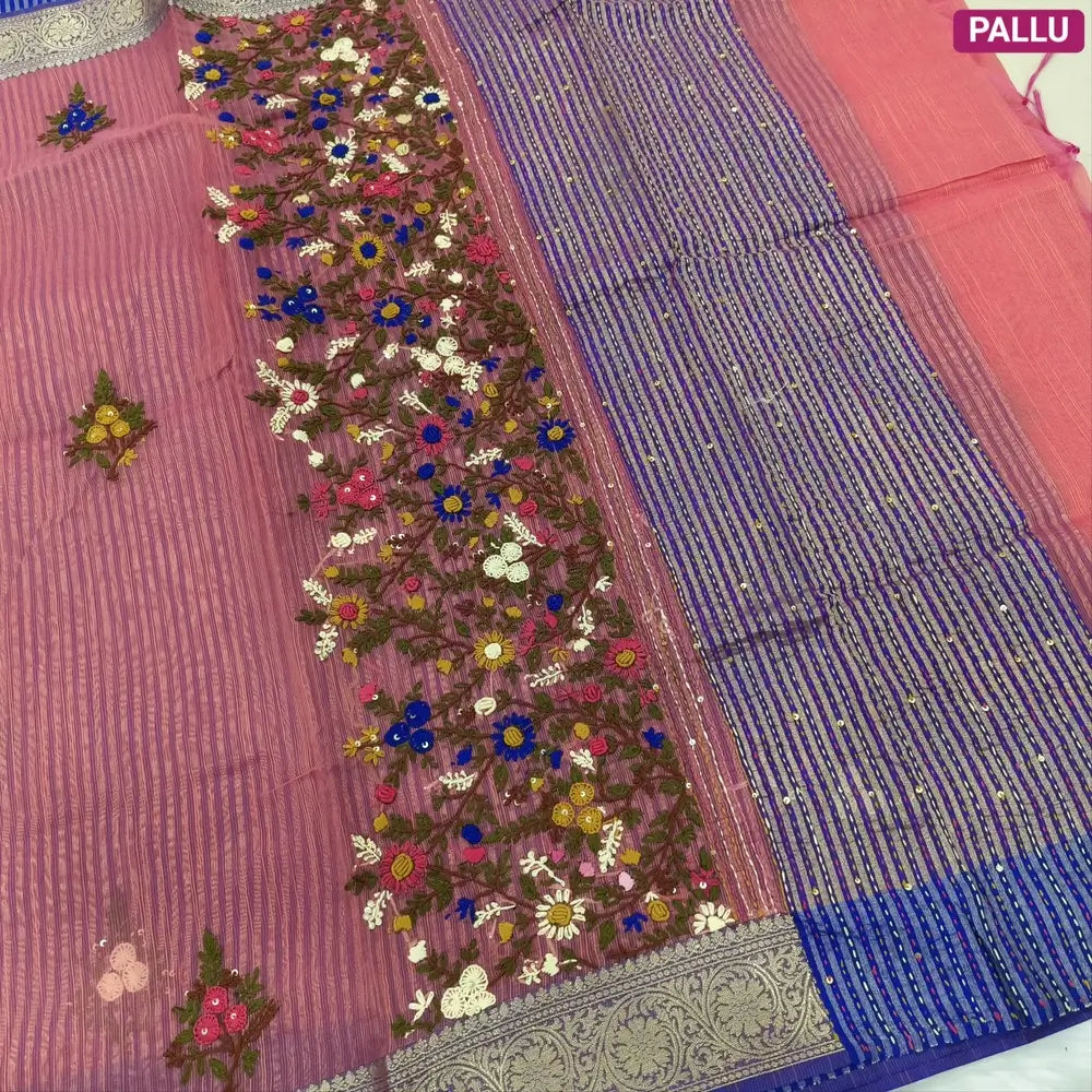 Designer Peachish pink premium slub silk cotton saree, rich hand embroidery work on body and pallu, matching zari tissue striped blouse. NS12