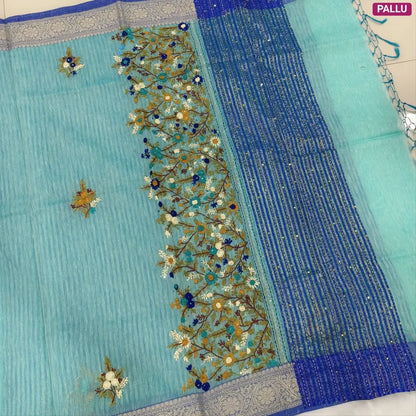 Designer Pastel blue premium slub silk cotton saree, rich hand embroidery work on body and pallu, matching zari tissue striped blouse. NS13
