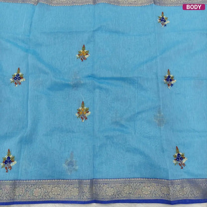 Designer sky blue premium slub silk cotton saree, rich hand embroidery work on body and pallu, matching zari tissue striped blouse. NS11