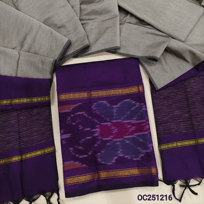 Purple silk cotton unstitched salwar material, thread woven design on daman(lining needed) light grey silk cotton bottom, dual shaded silk cotton dupatta. OC251216