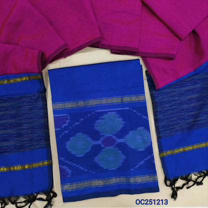 Royal Blue silk cotton unstitched salwar material, thread woven design on daman(lining needed) rani pink silk cotton bottom, dual shaded silk cotton dupatta. OC251213