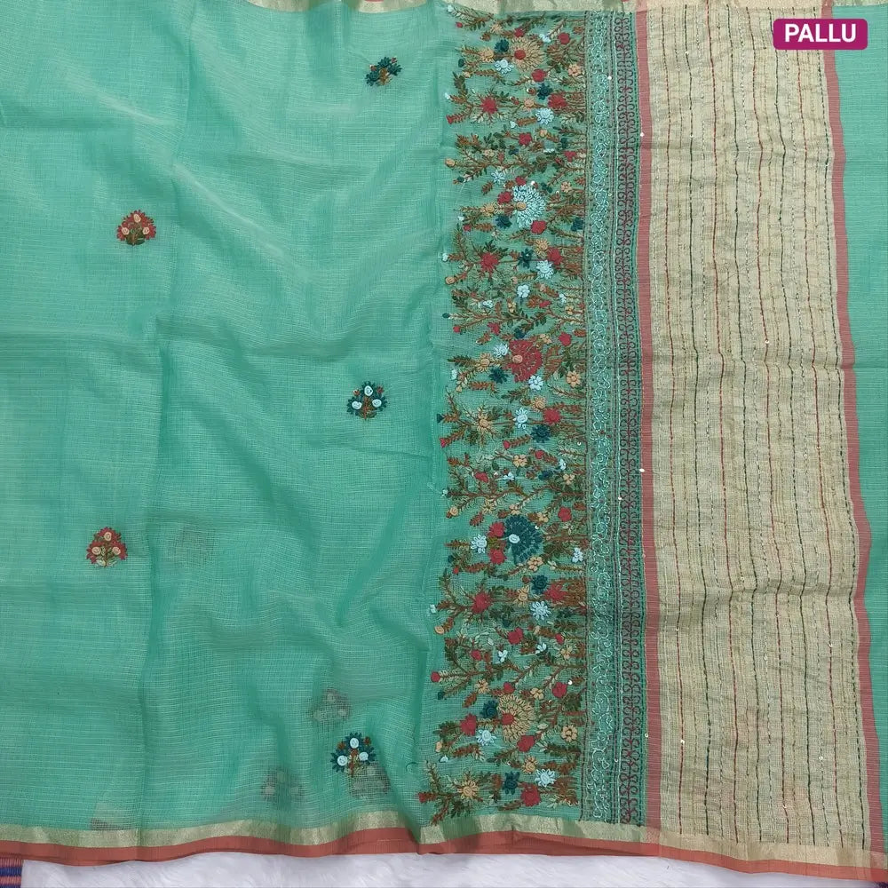 Sea green Premium kota silk cotton embroidered saree (lightweight, thin, soft), double side thin tissue borders, heavy embroidered pallu with tissue stripes, blouse with embroidery. NS32