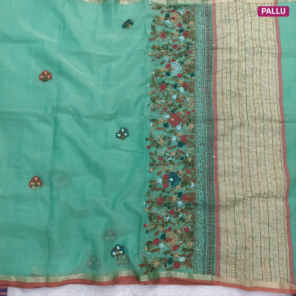 Sea green Premium kota silk cotton embroidered saree (lightweight, thin, soft), double side thin tissue borders, heavy embroidered pallu with tissue stripes, blouse with embroidery. NS32