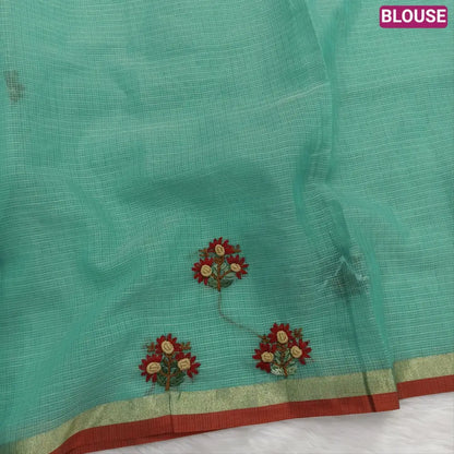 Sea green Premium kota silk cotton embroidered saree (lightweight, thin, soft), double side thin tissue borders, heavy embroidered pallu with tissue stripes, blouse with embroidery. NS32